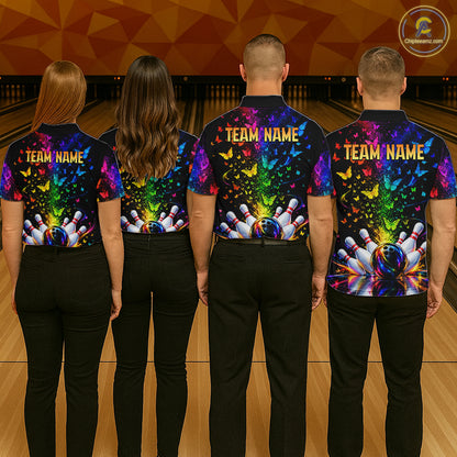 Neon Rainbow Butterfly Bowling Shirt With Name For Men Personalized Colorful Bowling League Jersey NYN4629
