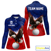 Load image into Gallery viewer, Red blue American flag eagle golf polo long sleeve shirt for women patriotic golf jersey