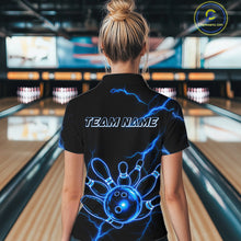 Load image into Gallery viewer, Female bowler wearing Blue Lightning Thunder Neon bowling jersey custom bowling tournament apparel