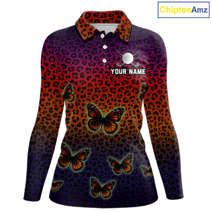 Womens Halloween Golf Polo Shirt Colorful Leopard Print Custom Butterfly Team Ladies Golf Tops NYN4229