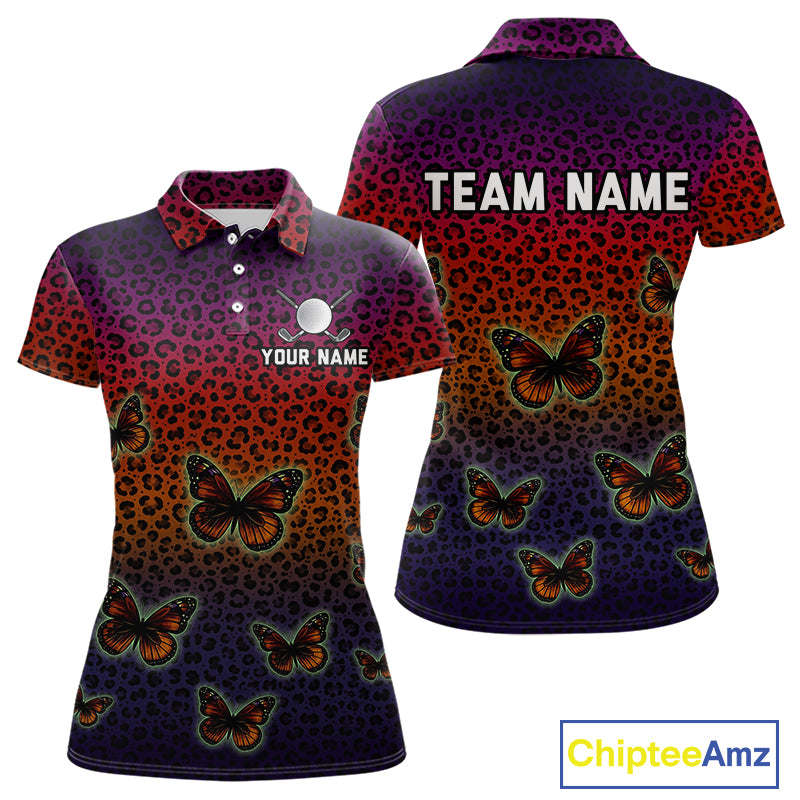 Womens Halloween Golf Polo Shirt Colorful Leopard Print Custom Butterfly Team Ladies Golf Tops NYN4229