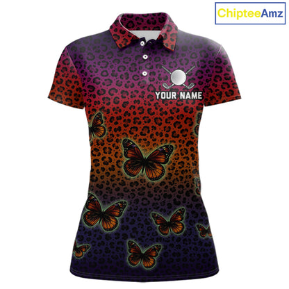 Womens Halloween Golf Polo Shirt Colorful Leopard Print Custom Butterfly Team Ladies Golf Tops NYN4229