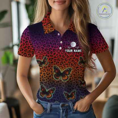 Womens Halloween Golf Polo Shirt Colorful Leopard Print Custom Butterfly Team Ladies Golf Tops NYN4229