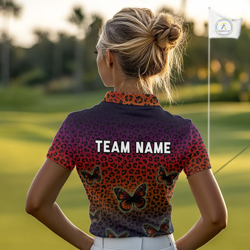 Womens Halloween Golf Polo Shirt Colorful Leopard Print Custom Butterfly Team Ladies Golf Tops NYN4229