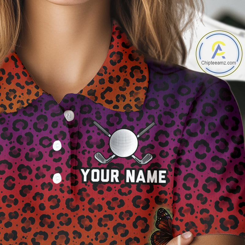 Womens Halloween Golf Polo Shirt Colorful Leopard Print Custom Butterfly Team Ladies Golf Tops NYN4229