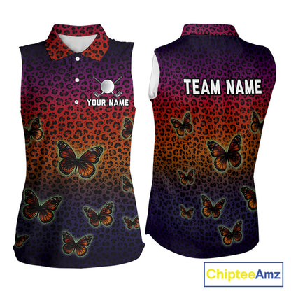Womens Halloween Golf Sleeveless Polo Shirt Colorful Leopard Print Custom Butterfly Team Ladies Golf Tops NYN4229