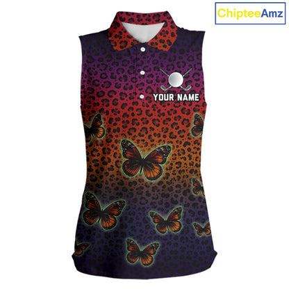 Womens Halloween Golf Sleeveless Polo Shirt Colorful Leopard Print Custom Butterfly Team Ladies Golf Tops NYN4229