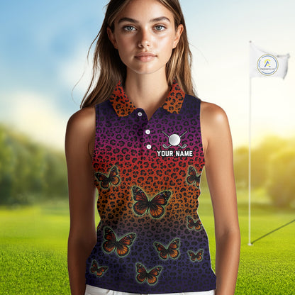 Womens Halloween Golf Sleeveless Polo Shirt Colorful Leopard Print Custom Butterfly Team Ladies Golf Tops NYN4229