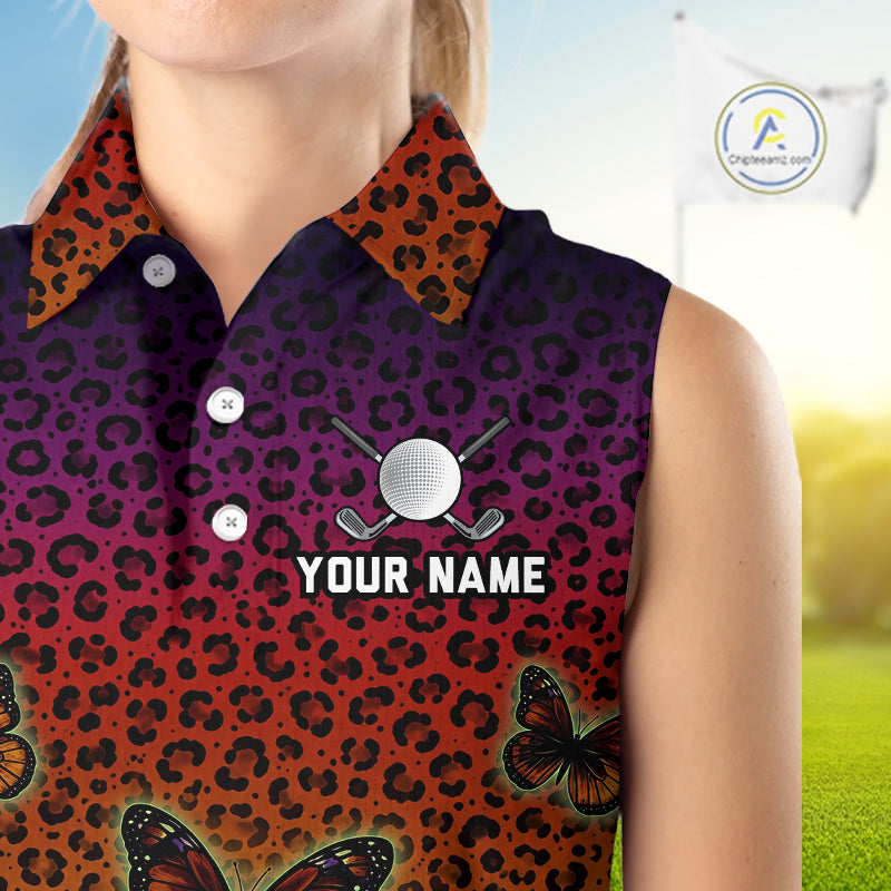 Womens Halloween Golf Sleeveless Polo Shirt Colorful Leopard Print Custom Butterfly Team Ladies Golf Tops NYN4229