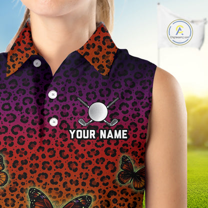 Womens Halloween Golf Sleeveless Polo Shirt Colorful Leopard Print Custom Butterfly Team Ladies Golf Tops NYN4229