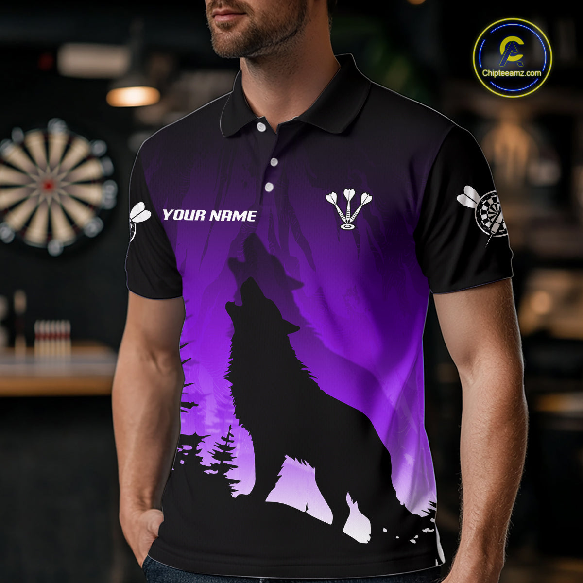 Personalized Wolf-Head Dart Arrows Purple Dart Polo Shirt For Men Dart Team Jerseys NYN2283