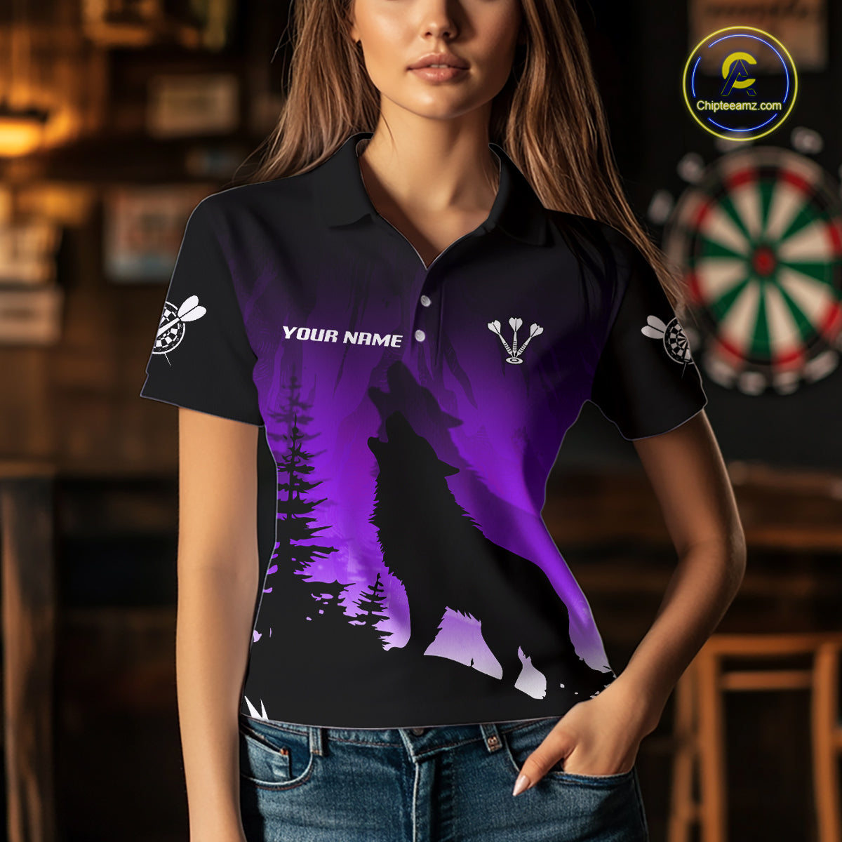 Personalized Wolf-Head Dart Arrows Purple Dart Polo Shirt For Women Dart Team Jerseys NYN2283
