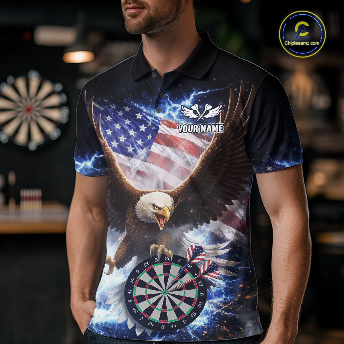 US Flag Smoke Eagle Lightning Dartboard Men Darts Shirt Personalized Patriotic Dart Polo Jerseys NYN2575