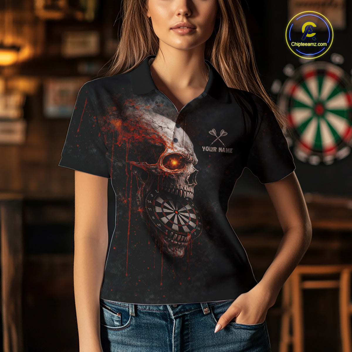 Horror Orange Splatter Grunge Skull Dartboard Dart Polo Shirts For Women Custom Dart Team Jerseys NYN2727