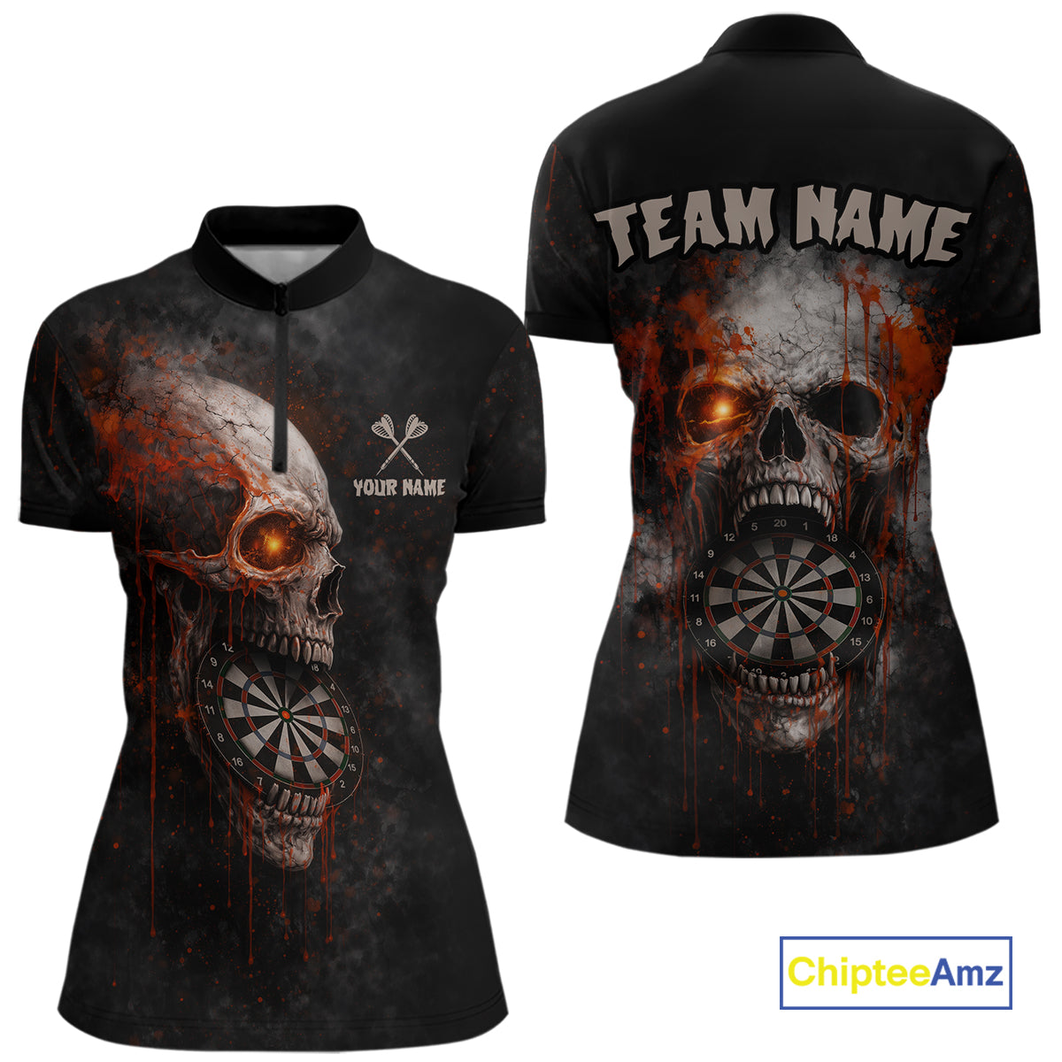 Horror Orange Splatter Grunge Skull Dartboard Dart Quarter-Zip Shirts For Women Custom Dart Team Jerseys NYN2727