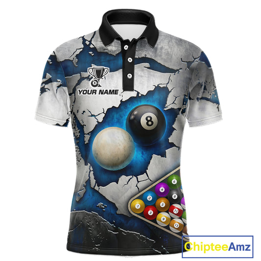 Blue And Grey Cracked 8 Ball Billiard Polo & 1/4 Zip Shirt For Men Custom Billiard Pool Team Shirt NYN2942