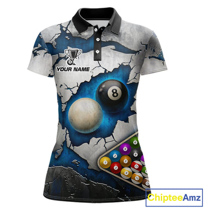 Blue And Grey Cracked 8 Ball Billiard Polo & 1/4 Zip Shirt For Women Custom Billiard Pool Team Shirt NYN2942
