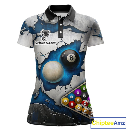 Blue And Grey Cracked 8 Ball Billiard Polo & 1/4 Zip Shirt For Women Custom Billiard Pool Team Shirt NYN2942