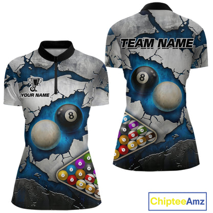 Blue And Grey Cracked 8 Ball Billiard Polo & 1/4 Zip Shirt For Women Custom Billiard Pool Team Shirt NYN2942