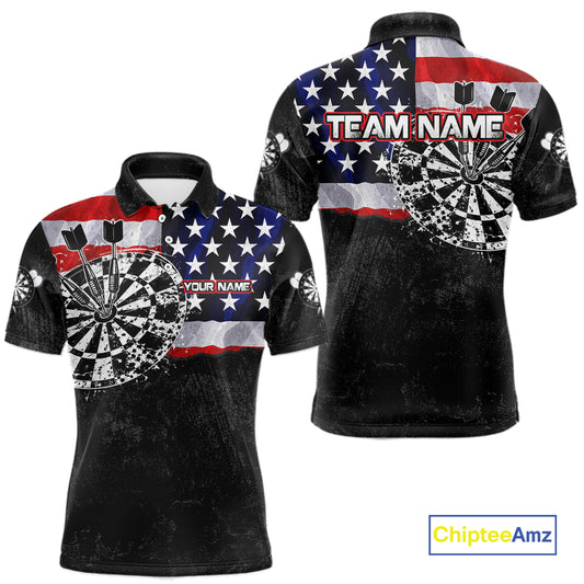 American Flag Grunge Dartboard Men's Dart Polo Shirt, Personalized USA Dart League Jersey, Athletic Apparel