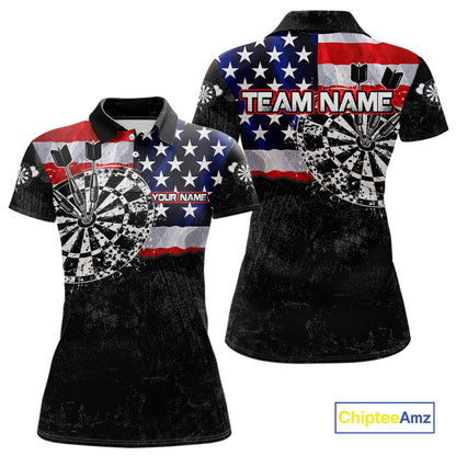 American Flag Grunge Dartboard Women's Dart Polo Shirt, Personalized Patriot Dart Team Jersey, Vintage USA Performance Polo, Freedom, Honor
