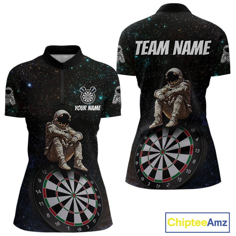 Custom Galaxy Astronaut Dartboard Funny Dart 1/4-Zip Shirt For Women Outfit Dart Team Jerseys NYN1523