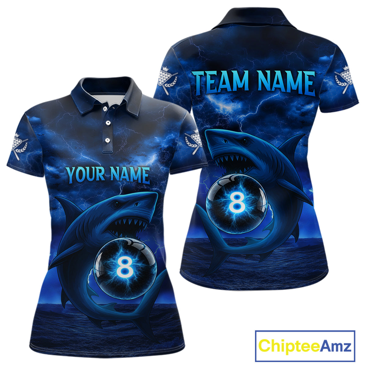 Blue Funny Shark Light 8 Ball Billiard Shirts For Women Custom Pool Billiard Team Jerseys NYN2289