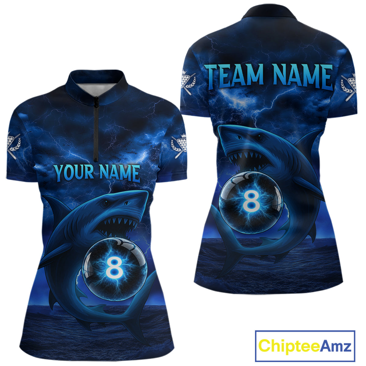 Blue Funny Shark Light 8 Ball Billiard Shirts For Women Custom Pool Billiard Team Jerseys NYN2289