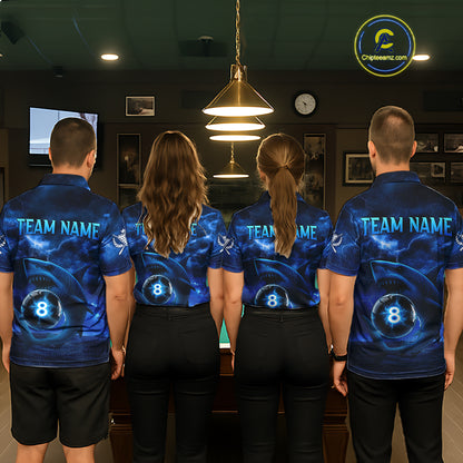 Blue Funny Shark Light 8 Ball Billiard Shirts For Men Custom Pool Billiard Team Jerseys NYN2289