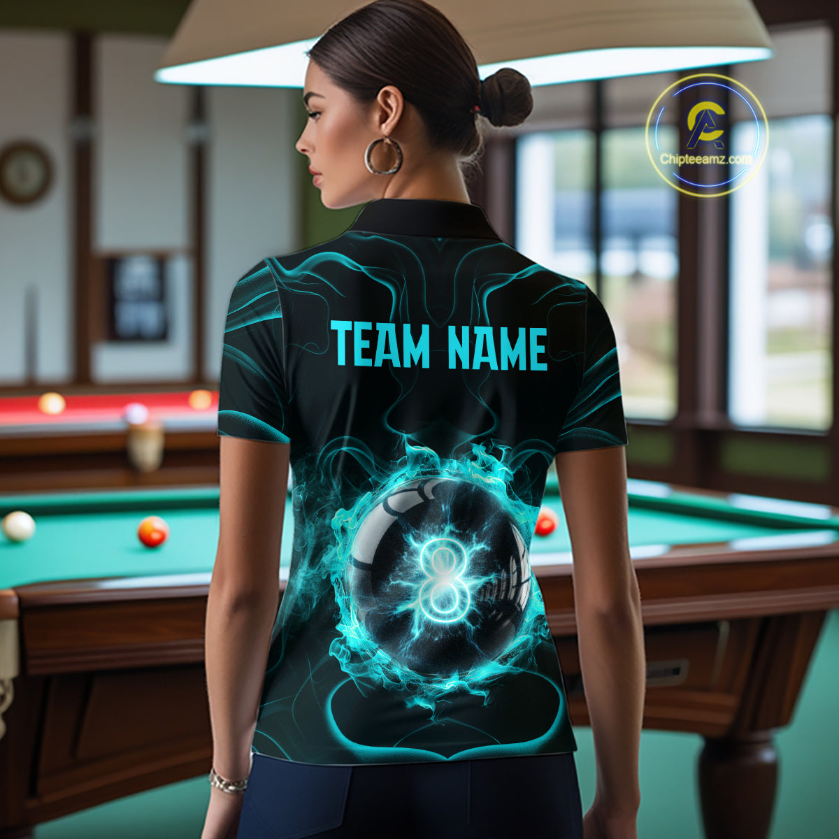 Turquoise Smokes Pool 8 Ball Billiard Shirts For Women Custom Cue Billiard Team Jerseys NYN2290