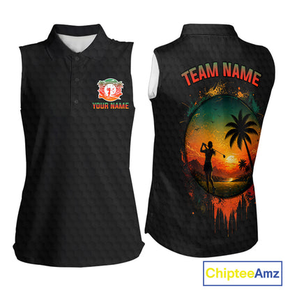 Tropical Black Golf Ball Sleeveless Polo Golf Shirts For Women Custom Splatter Golf Team Attire For Golfers NYN3153