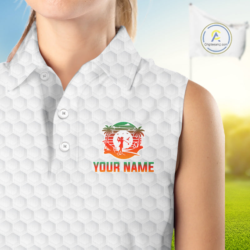 Tropical White Golf Ball Sleeveless Polo Golf Shirts For Women Custom Splatter Golf Team Attire For Golfers NYN3154
