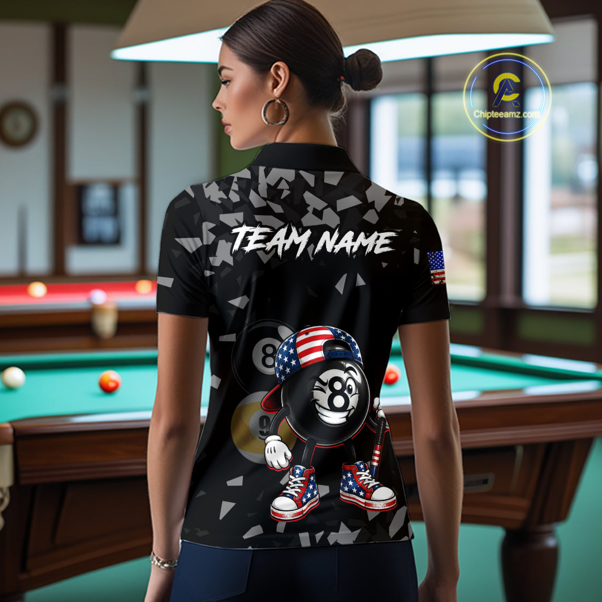 Female billiard player wearing US Flag Funny 8 Ball custom billiard shirt