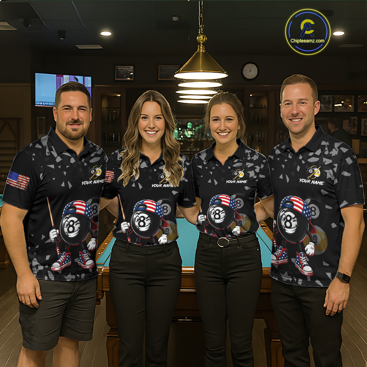 Men women pool team wearing patriotic US Flag Funny 8 Ball billiard jerseys