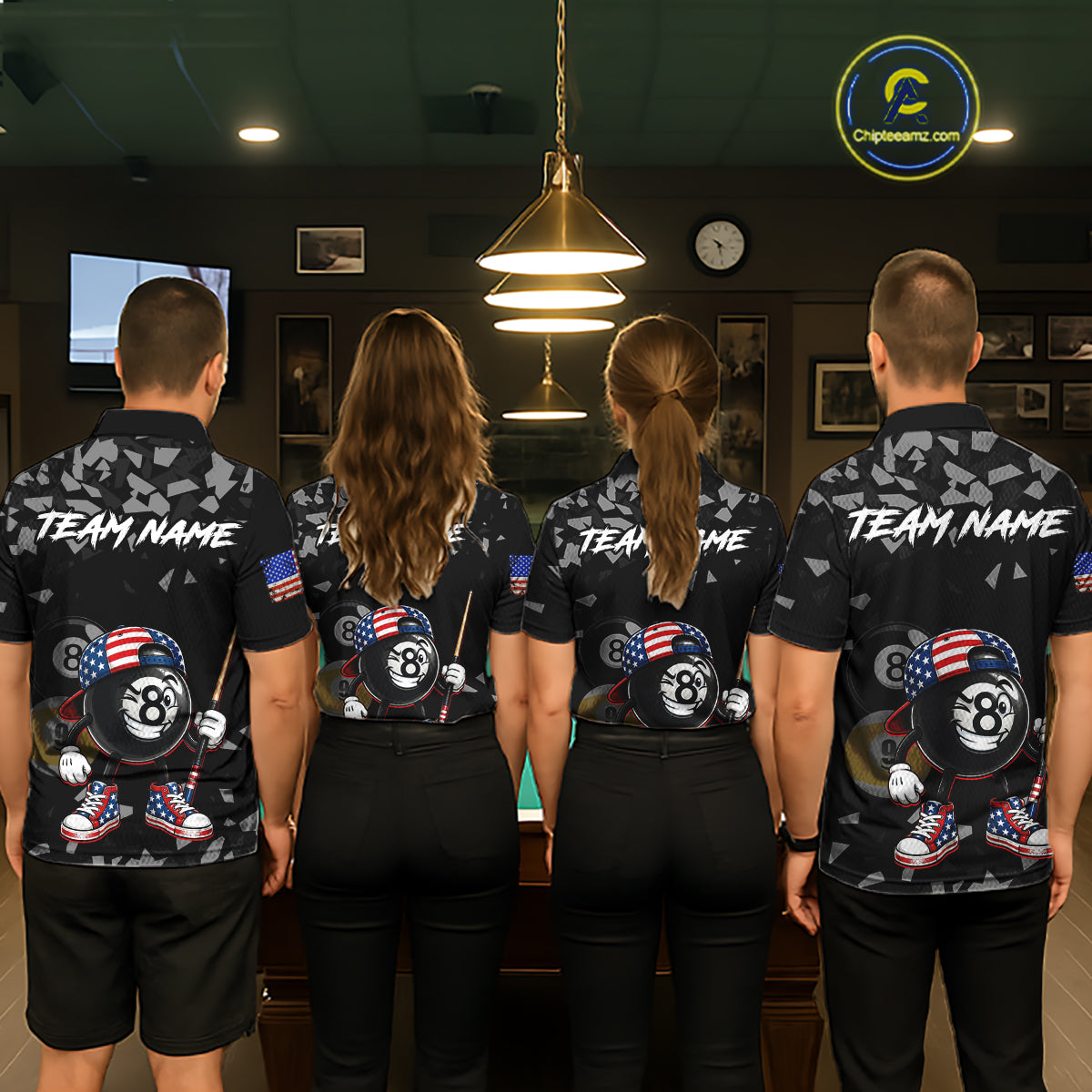 Men women pool team wearing patriotic US Flag Funny 8 Ball billiard jerseys