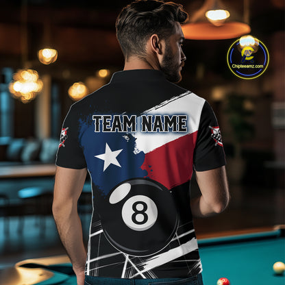Male Pool Player Wearing Texas Flag 8 Ball Billiard Shirt, Custom Pool League Apparel