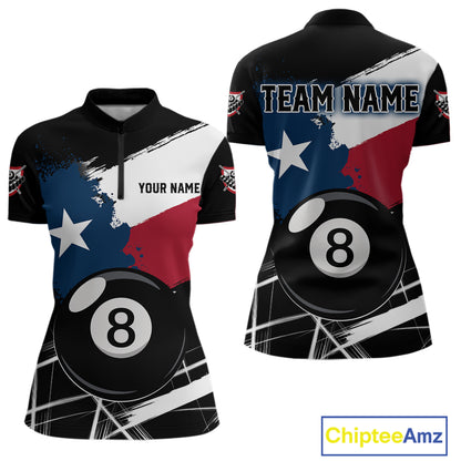 Texas Flag Splash 8 Ball Women's Billiard Quarter-Zip Shirt Personalized Pool Team Apparel