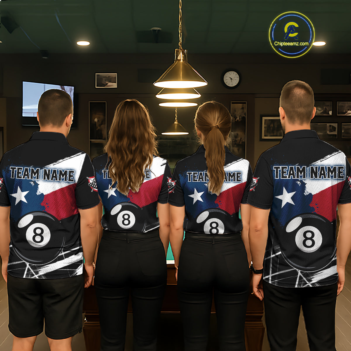 Men women billiard team wearing Texas Flag Splash patriotic pool jerseys