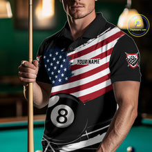 Load image into Gallery viewer, Male Pool Player Wearing American Flag Splash Billiard Shirt, Pool League Team Apparel