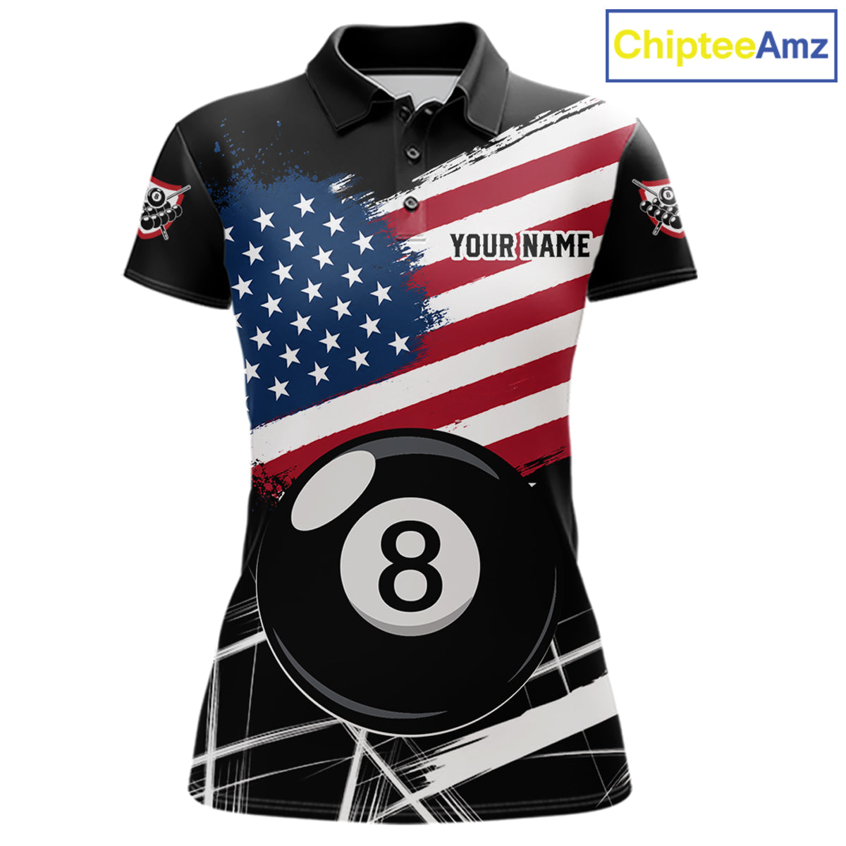 American Flag Splash 8 Ball Women's Billiard Polo Shirt Custom Patriotic Pool Team Jersey