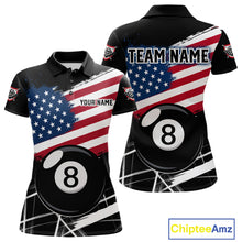 Load image into Gallery viewer, American Flag Splash 8 Ball Women's Billiard Polo Shirt Custom Patriotic Pool Team Jersey