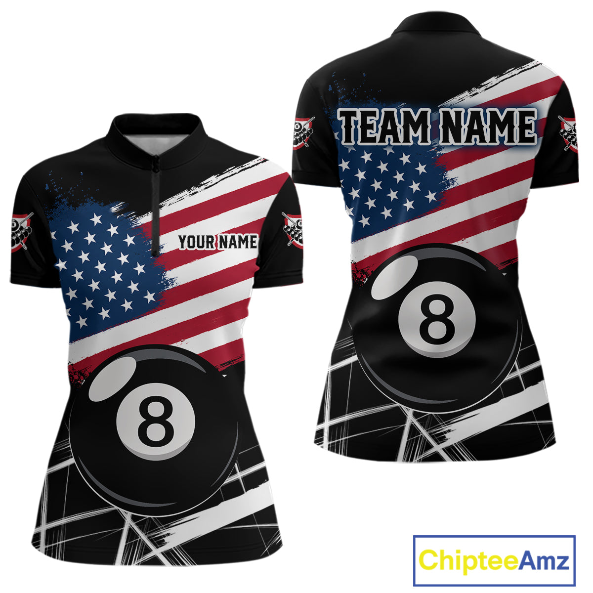American Flag Splash 8 Ball Women's Billiard Quarter-Zip Shirt Personalized Team Uniform
