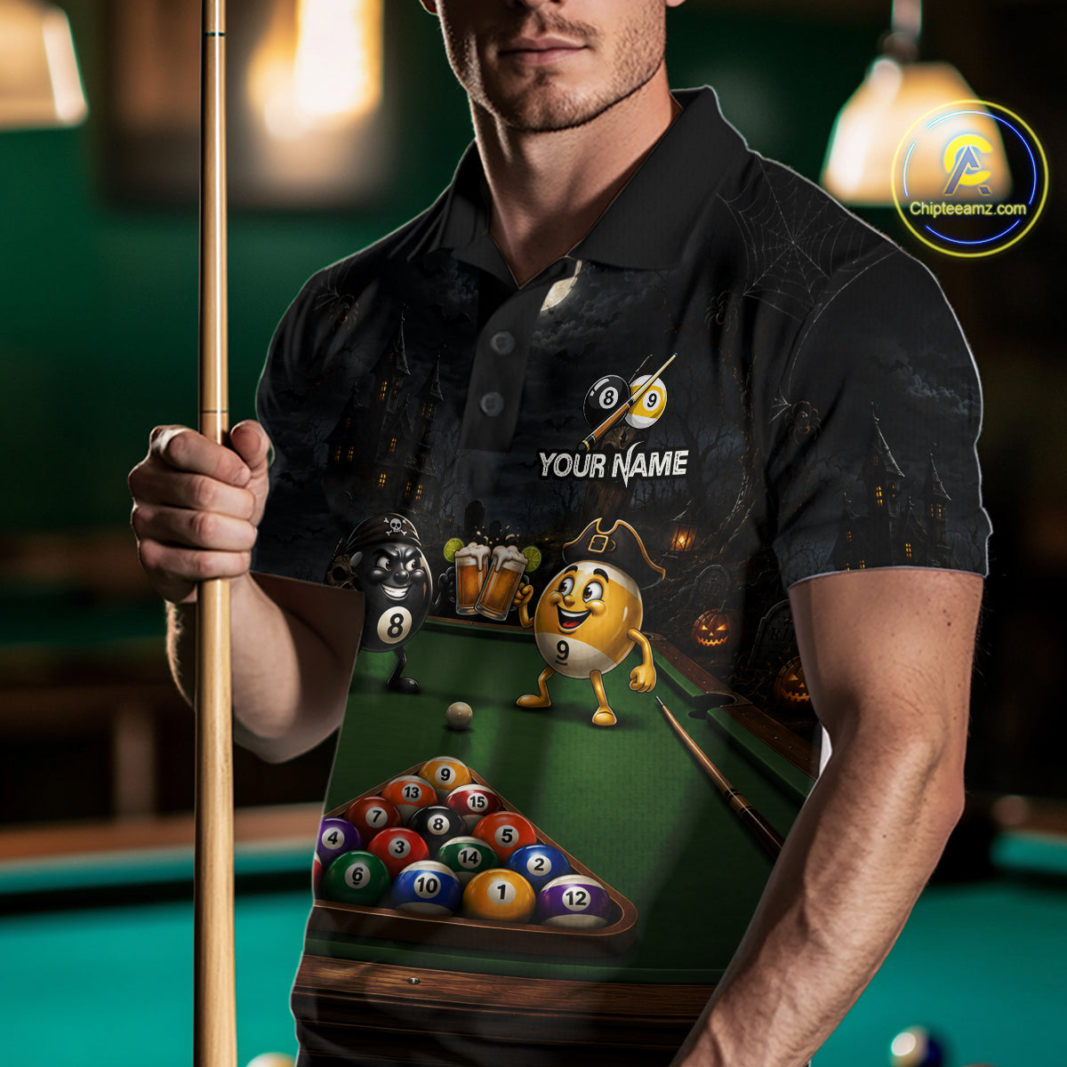 Halloween Pool Billiard Polo 1/4-Zip Shirt For Men Custom Funny Pirate 8 & 9 Ball Pool Team Jersey NYN4255