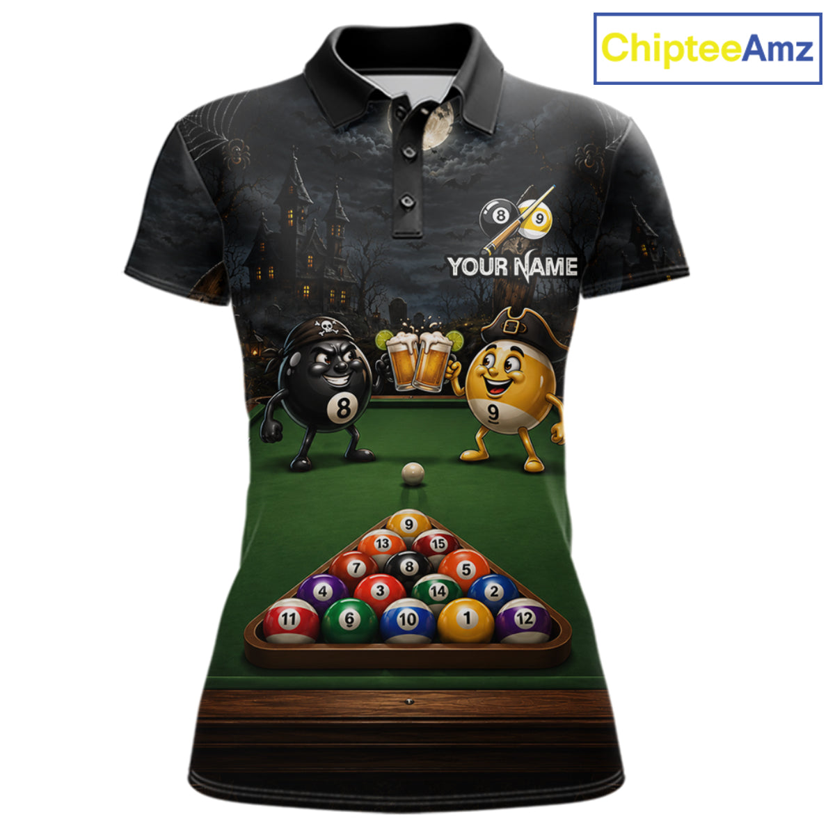 Halloween Pool Billiard Polo 1/4-Zip Shirt For Women Custom Funny Pirate 8 & 9 Ball Pool Team Jersey NYN4255