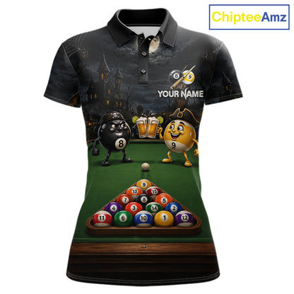 Halloween Pool Billiard Polo 1/4-Zip Shirt For Women Custom Funny Pirate 8 & 9 Ball Pool Team Jersey NYN4255