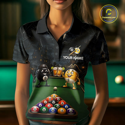 Halloween Pool Billiard Polo 1/4-Zip Shirt For Women Custom Funny Pirate 8 & 9 Ball Pool Team Jersey NYN4255