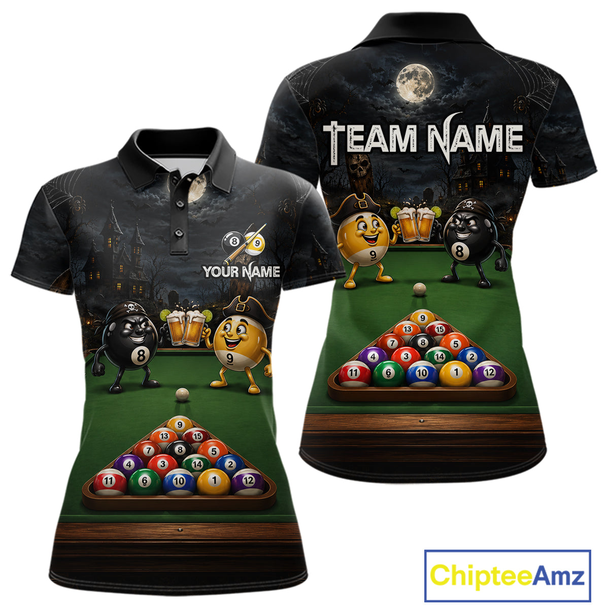 Halloween Pool Billiard Polo 1/4-Zip Shirt For Women Custom Funny Pirate 8 & 9 Ball Pool Team Jersey NYN4255