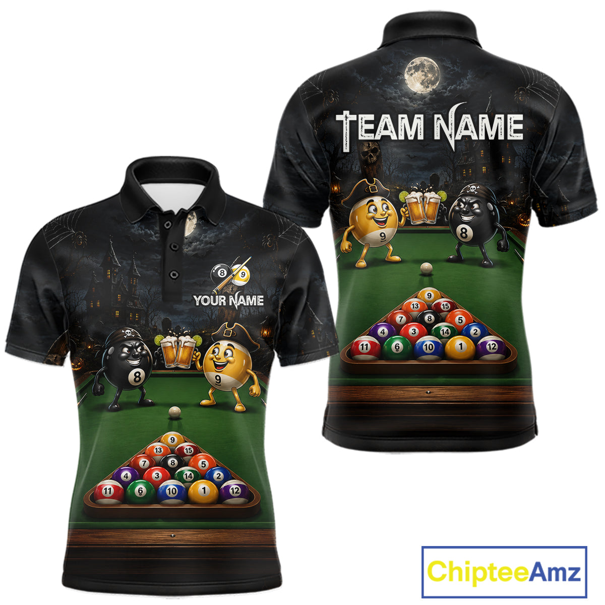 Halloween Pool Billiard Polo 1/4-Zip Shirt For Men Custom Funny Pirate 8 & 9 Ball Pool Team Jersey NYN4255