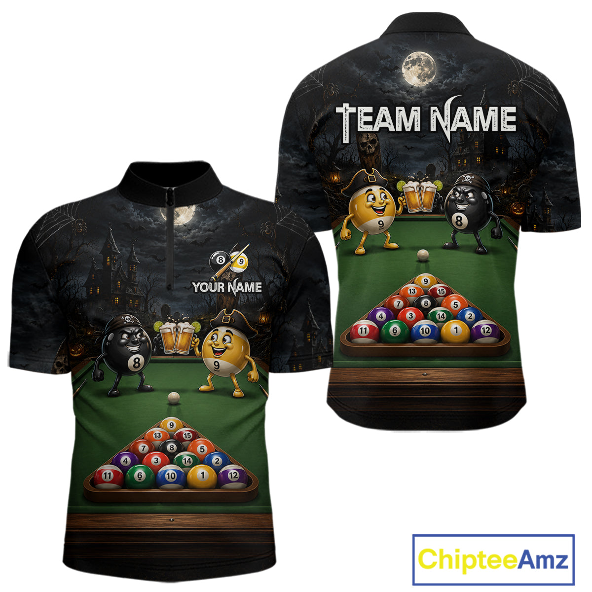 Halloween Pool Billiard Polo 1/4-Zip Shirt For Men Custom Funny Pirate 8 & 9 Ball Pool Team Jersey NYN4255