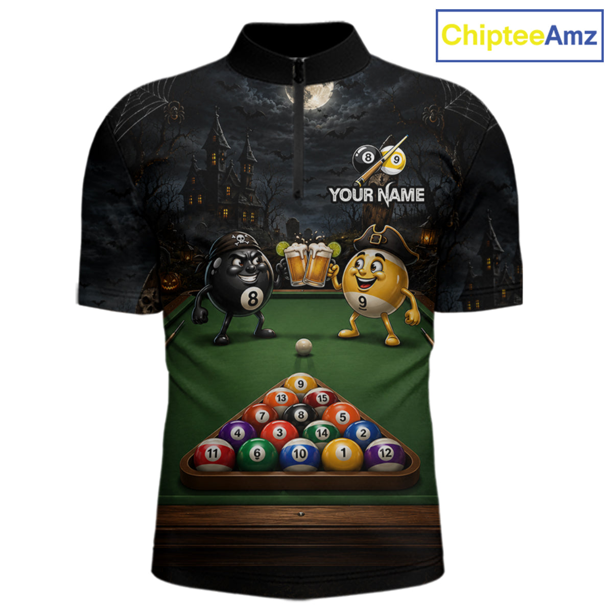 Halloween Pool Billiard Polo 1/4-Zip Shirt For Men Custom Funny Pirate 8 & 9 Ball Pool Team Jersey NYN4255